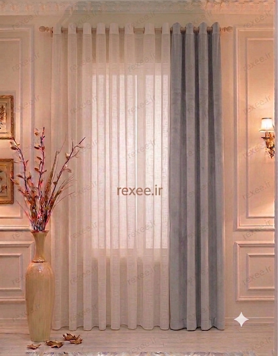 پکیج پیشنهادی پرده رکسی ۱عدد مخمل طوسی روشن و۲عدد حریر شیری
