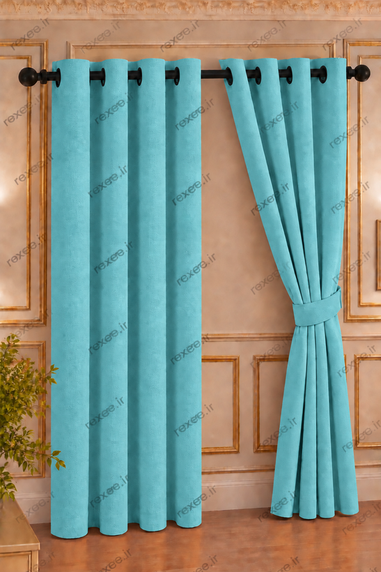 پرده مخمل کتان هازان ابی فیروزه ای