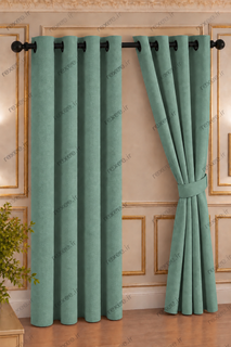 پرده مخمل کتان هازان سبز آبی