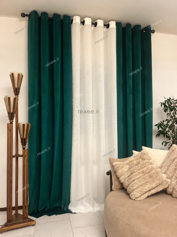 پکیج پیشنهادی پرده رکسی ۲عدد مخمل سبز و۱عدد حریر شیری